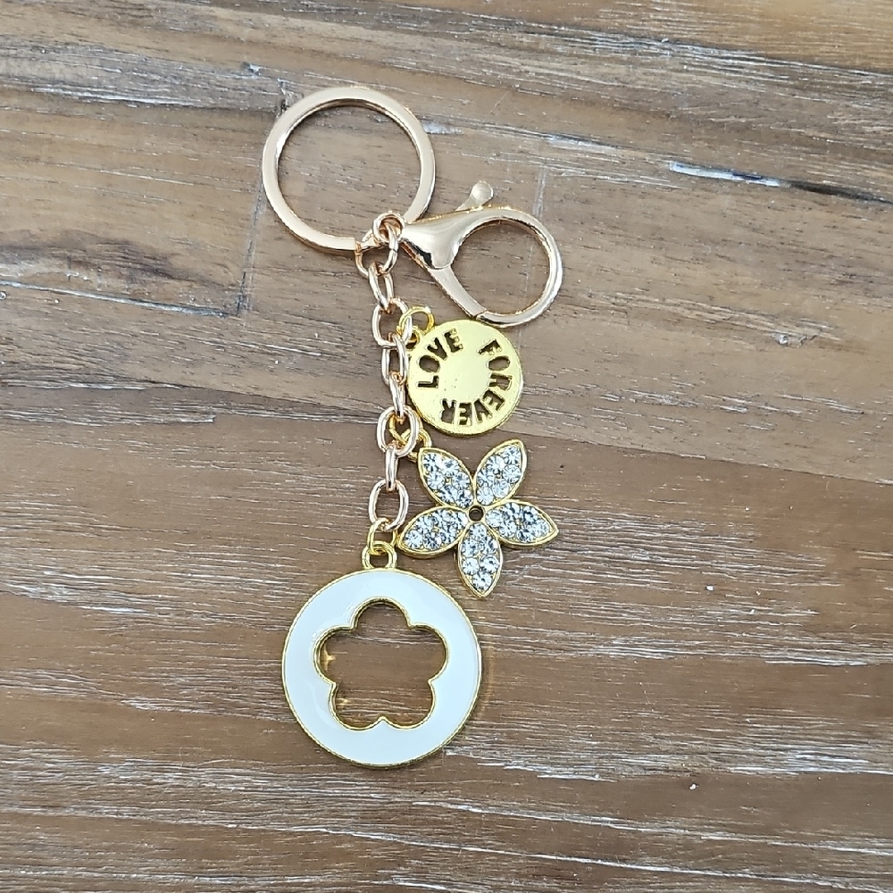 Gold and White Floral Keychain Or Bag Charm